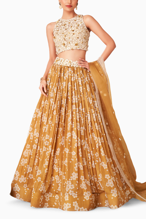 Gold Printed Embroidered Lehenga Set