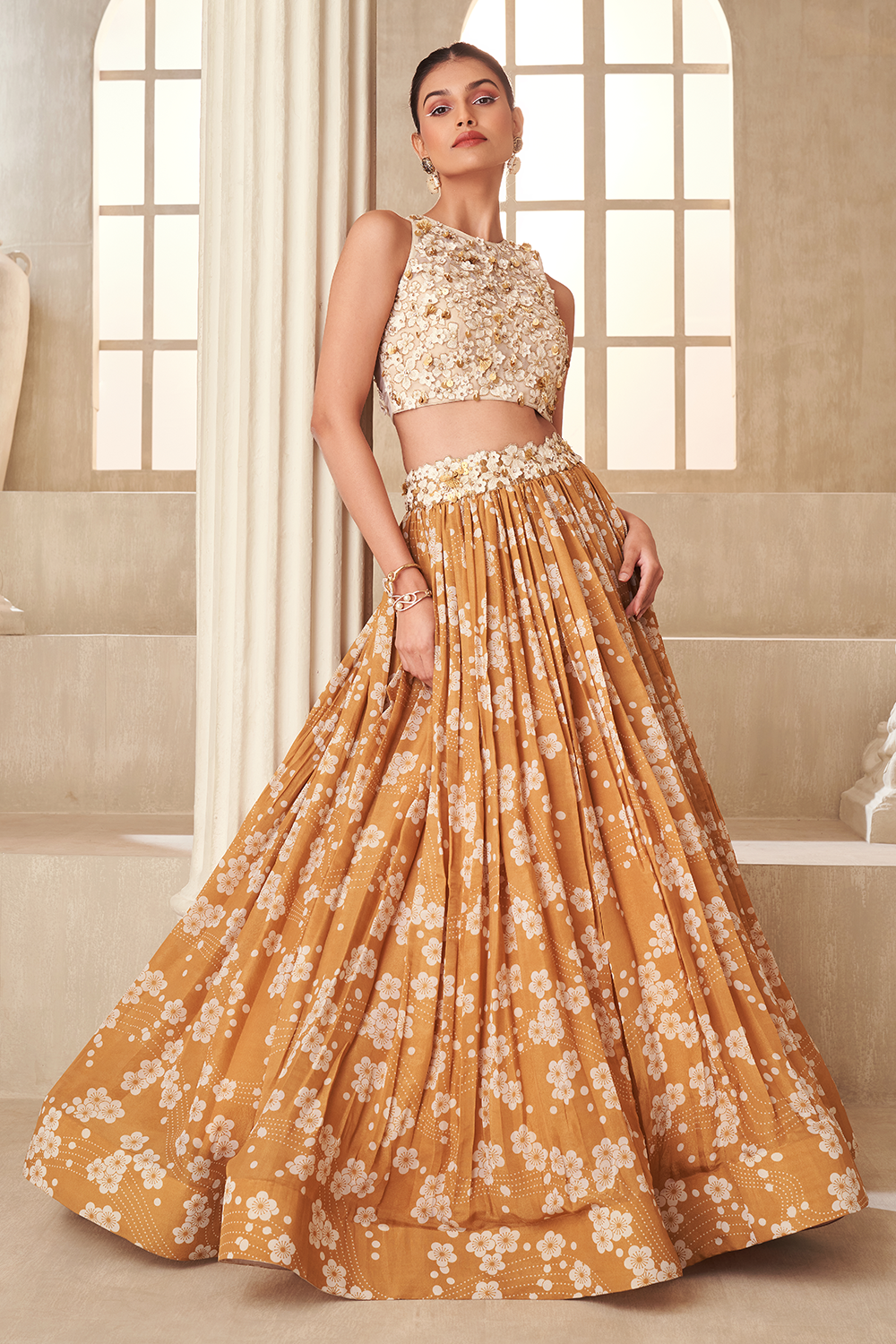 Gold Printed Embroidered Lehenga Set