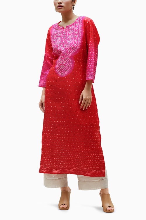 Red Aba Silk Bandhani Kurta