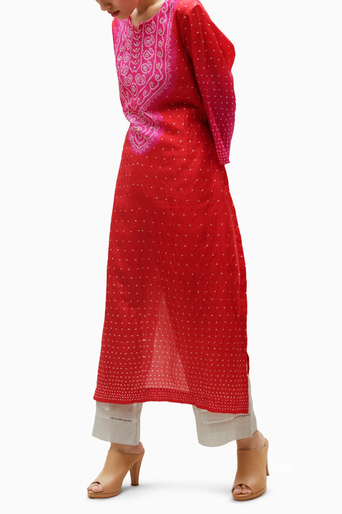 Red Aba Silk Bandhani Kurta