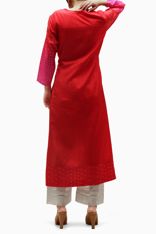 Red Aba Silk Bandhani Kurta