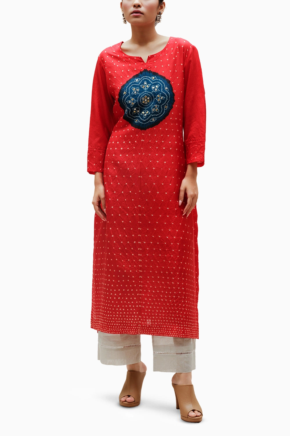 Red Blue Circle Bandhani Kurta -