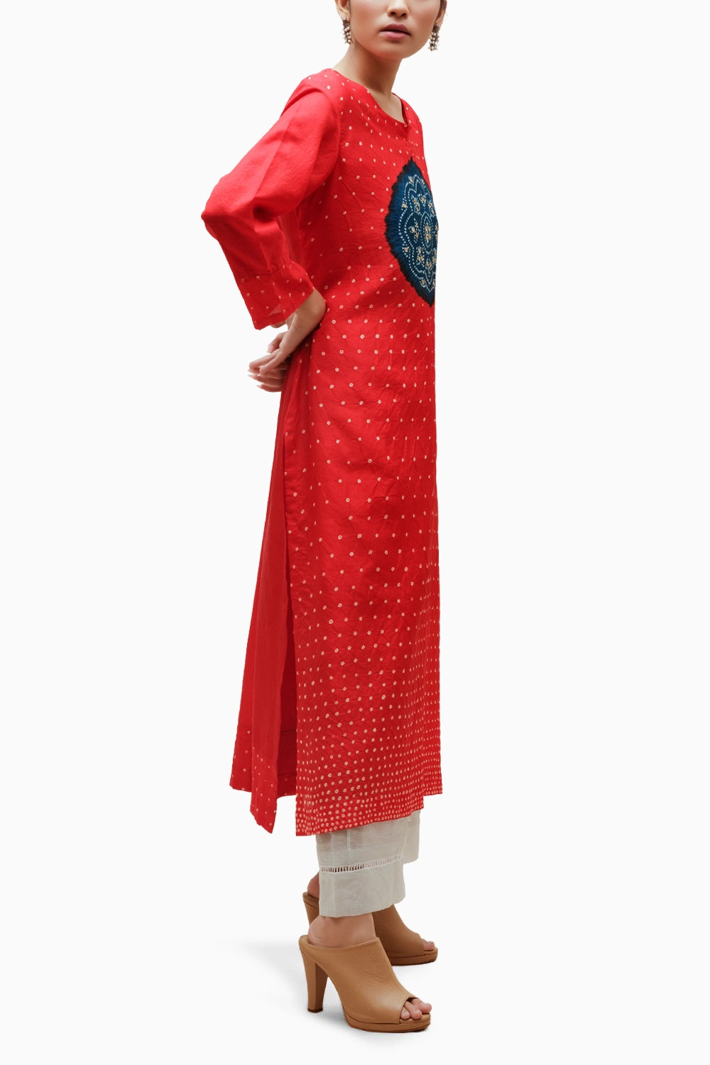 Red Blue Circle Bandhani Kurta -