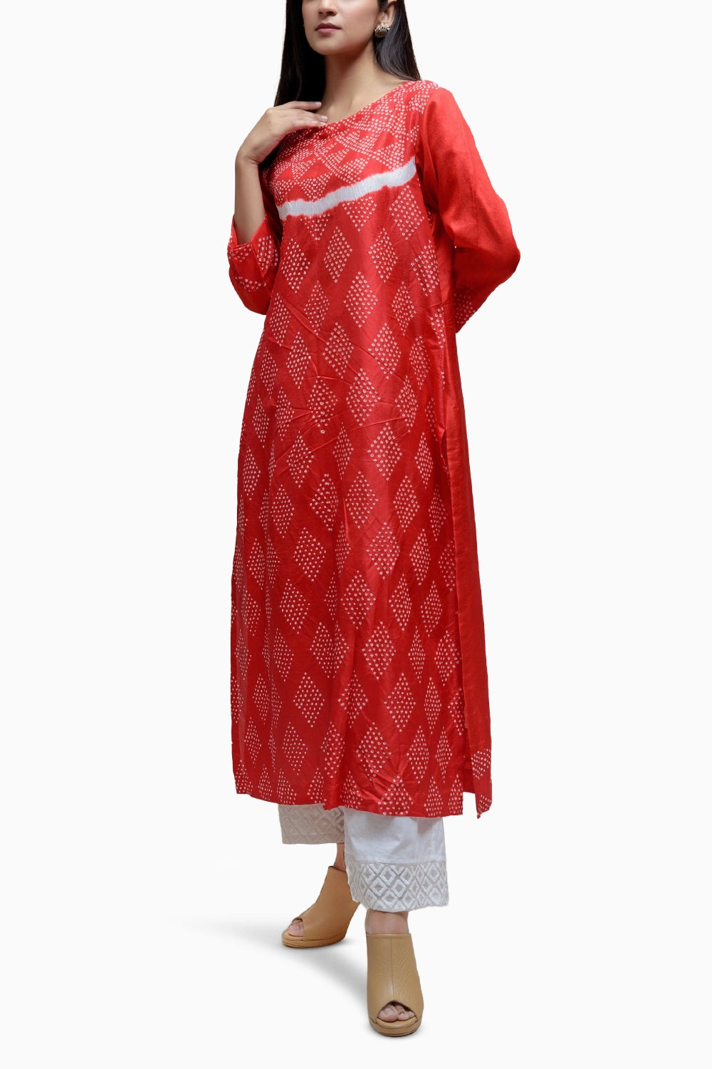 Red White Bandhani Silk Kurta