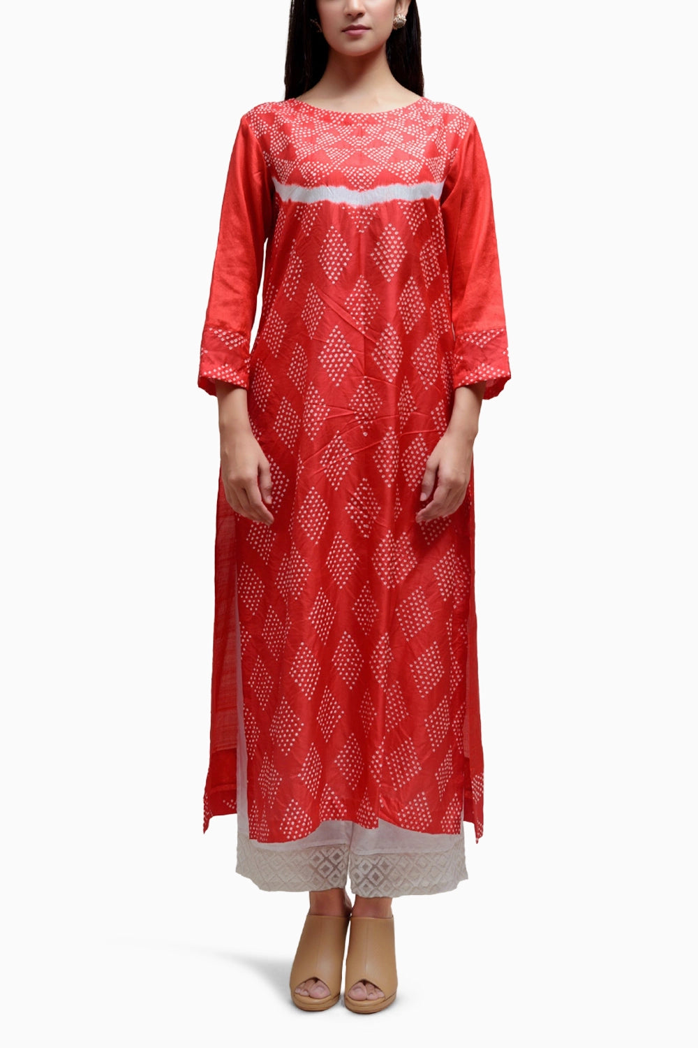 Red White Bandhani Silk Kurta