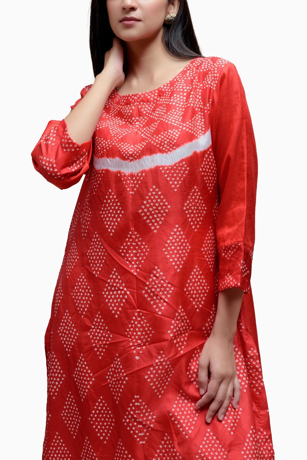 Red White Bandhani Silk Kurta