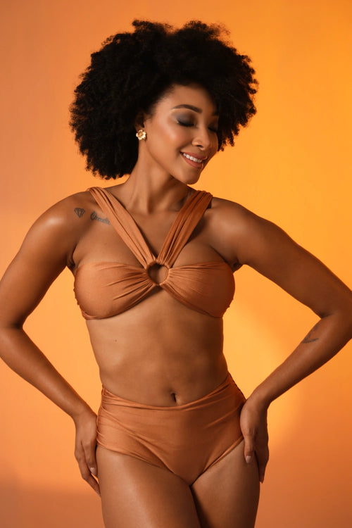 Golden Hour Ruched Bikini Set with High-Waist Bottoms