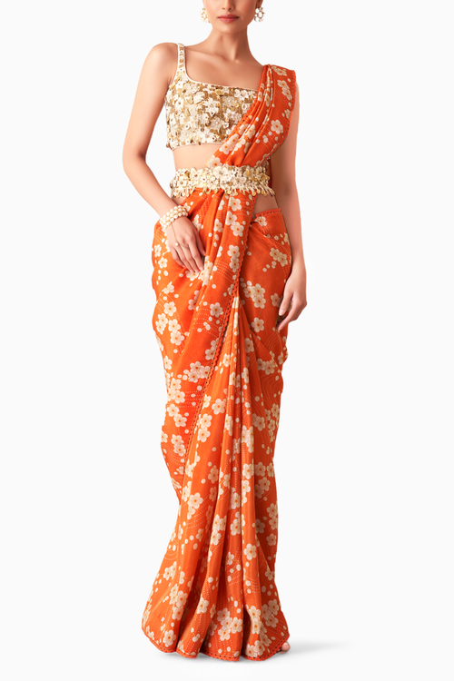 Orange Printed Sari with Blouse and Belt
