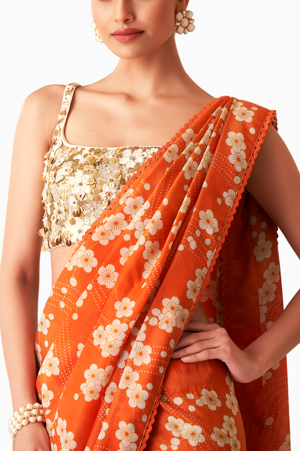 Orange Printed Sari with Blouse and Belt