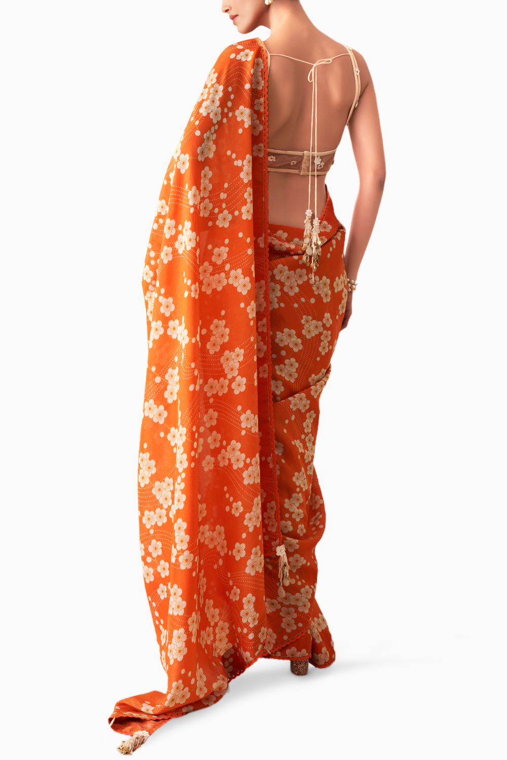 Orange Printed Sari with Blouse and Belt