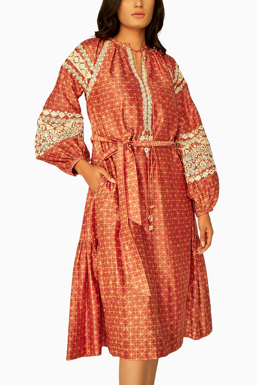 Rust Embroidered Tapestry Dress