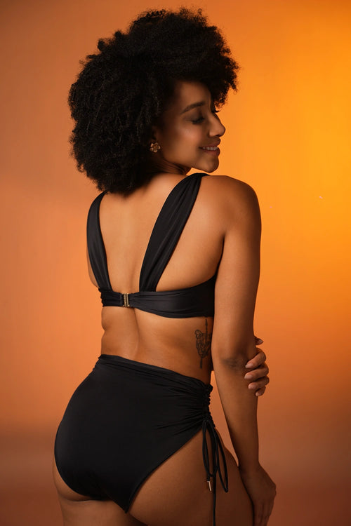 Black Ruched Bikini with High-Waist Bottoms