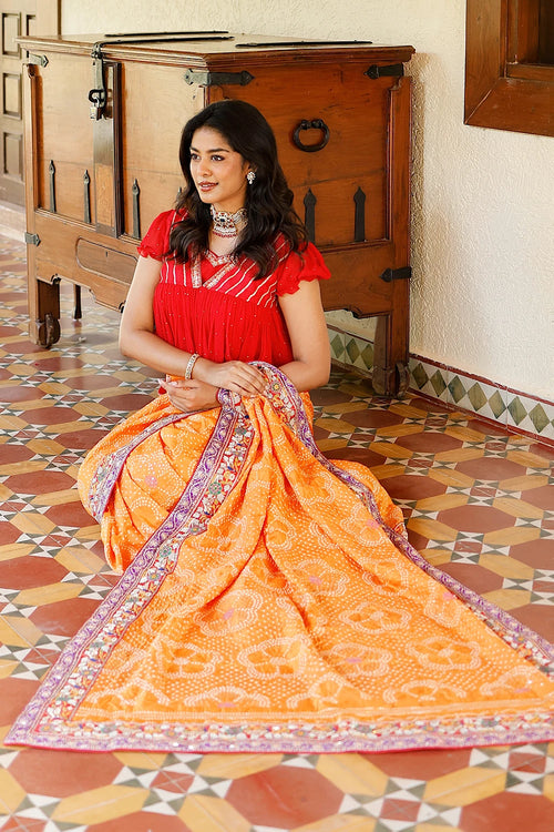 Bandhani Silk Saree With Zardozi And Dori Tikki Work