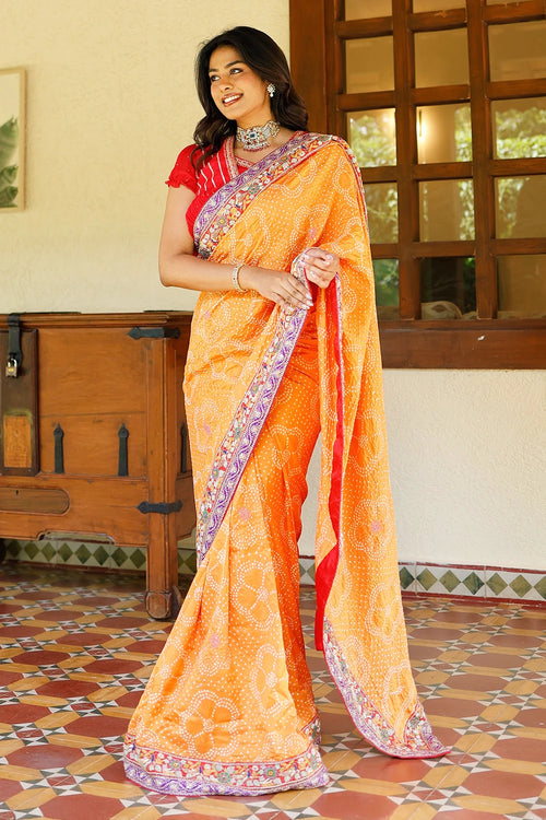 Bandhani Silk Saree With Zardozi And Dori Tikki Work