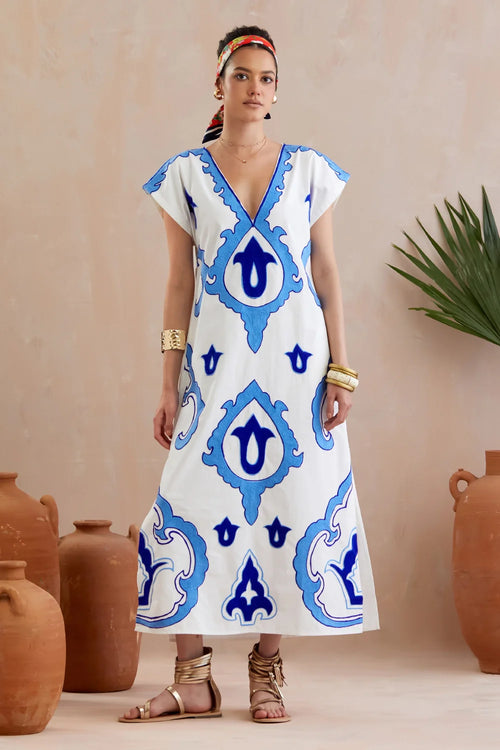 Ivory And Multi Color Short Sleeve Maxi Dress