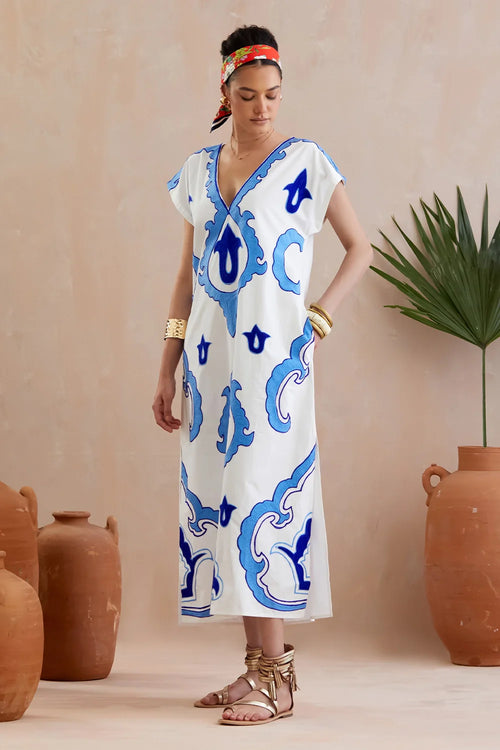Ivory And Multi Color Short Sleeve Maxi Dress