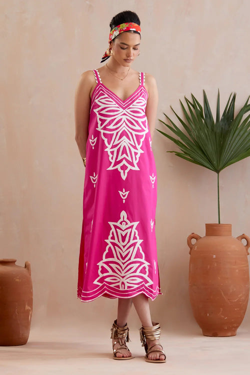 Fuchsia Embroidery Midi Dress