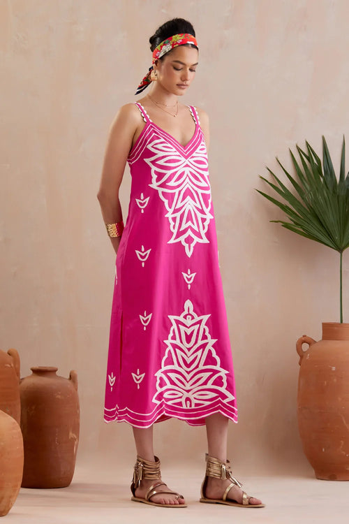 Fuchsia Embroidery Midi Dress