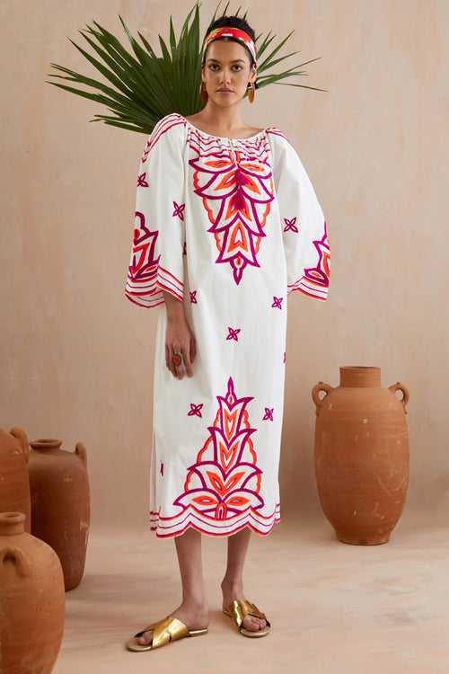 Ivory And Multi Color Fuschia Maxi Dress