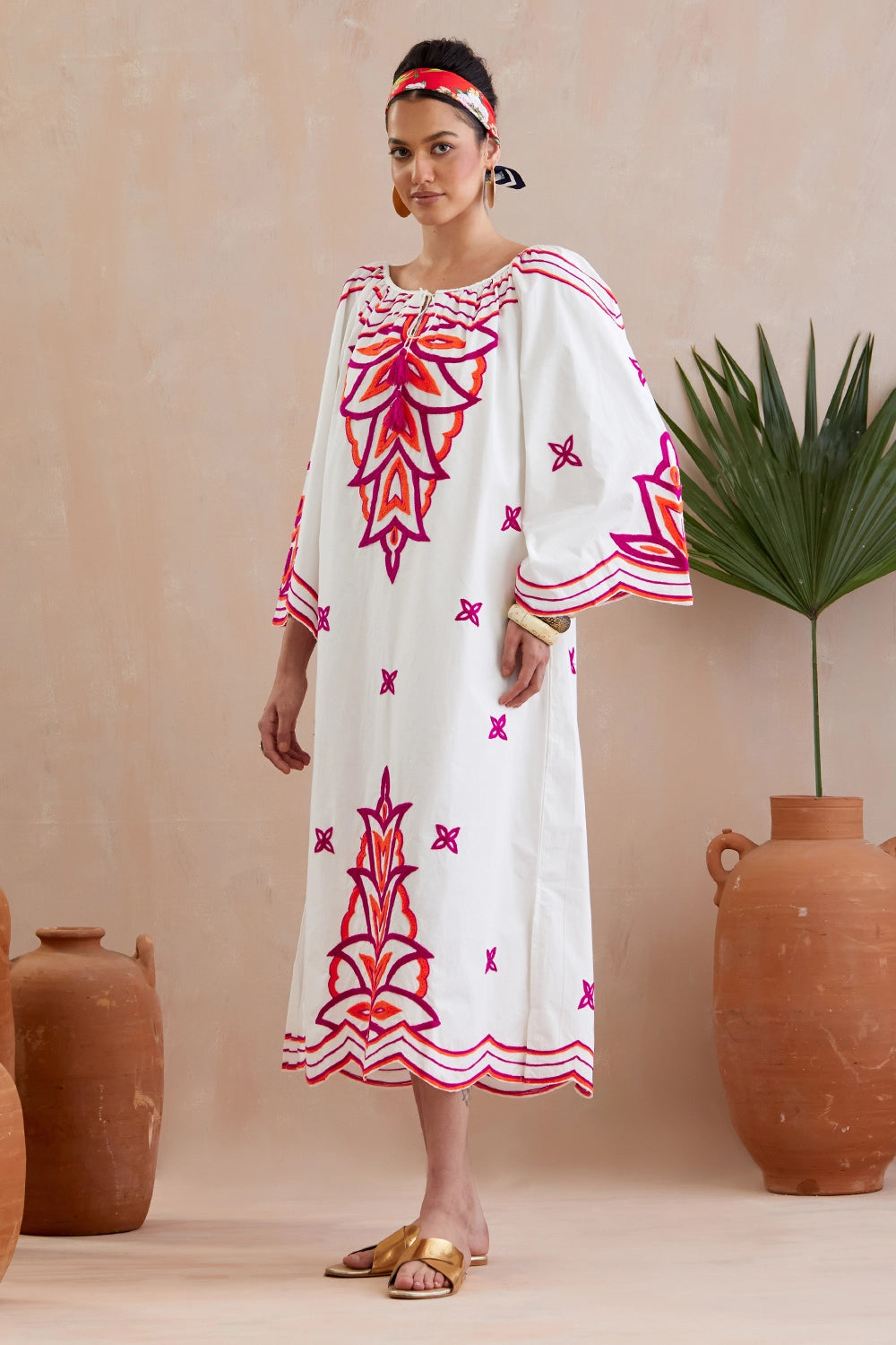 Ivory And Multi Color Fuschia Maxi Dress