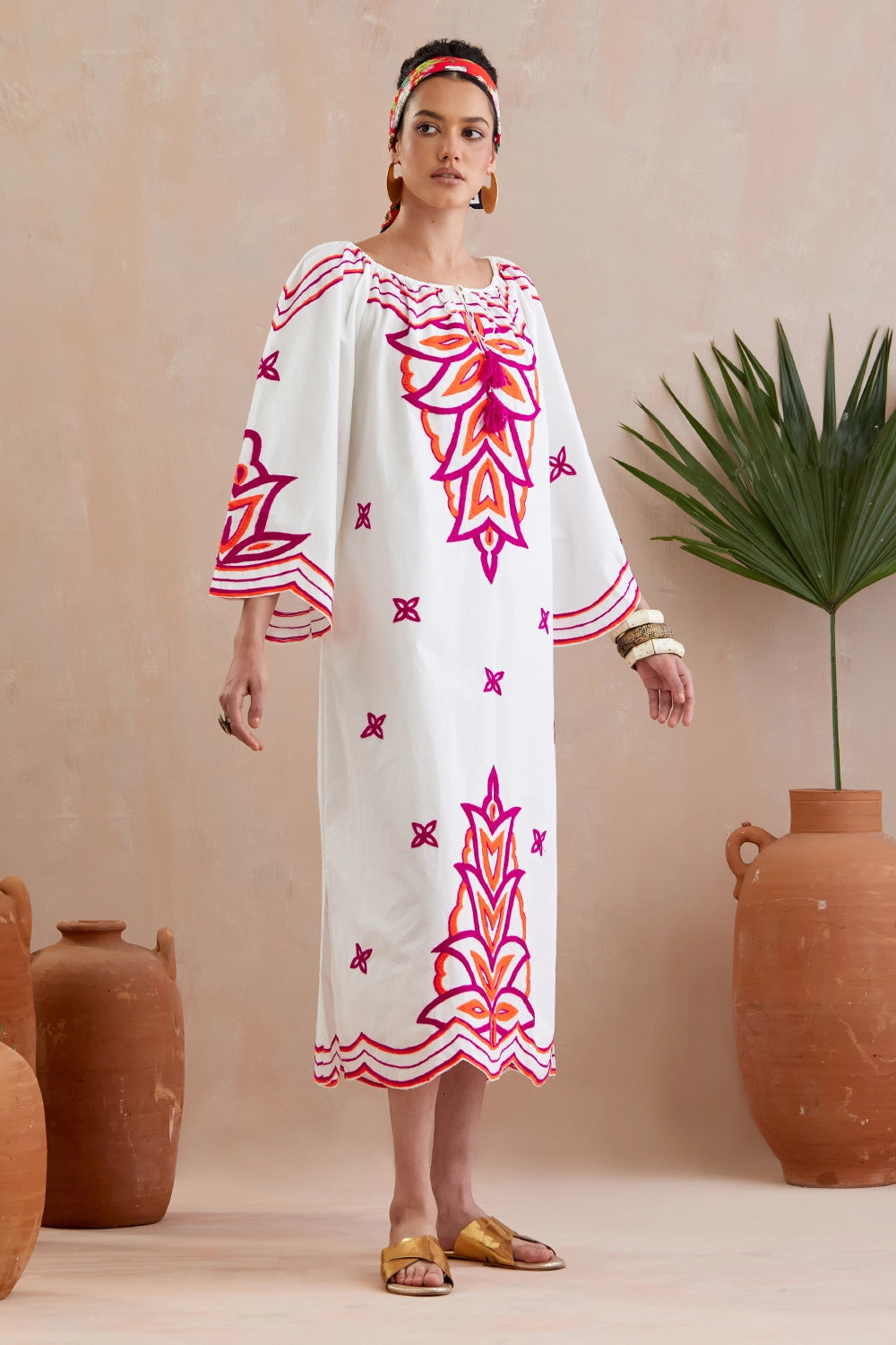 Ivory And Multi Color Fuschia Maxi Dress