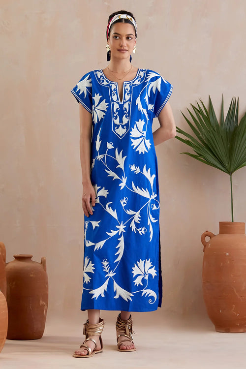 Blue And Ivory Short Sleeve Maxi Dress