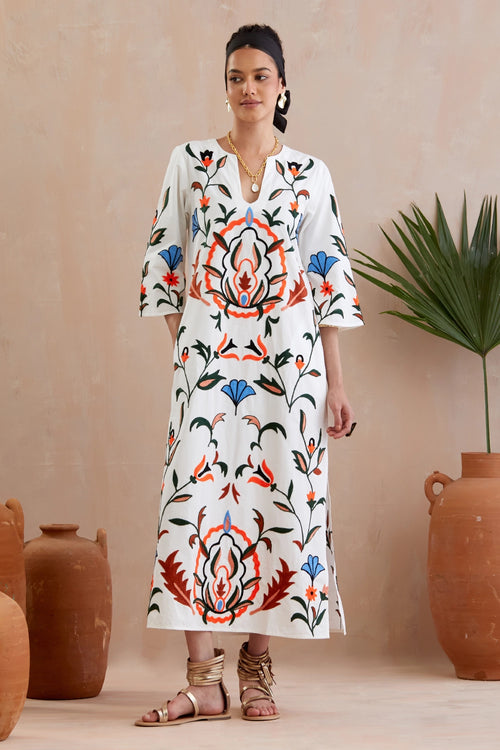 Ivory And Multi Color Embroidery Maxi Dress