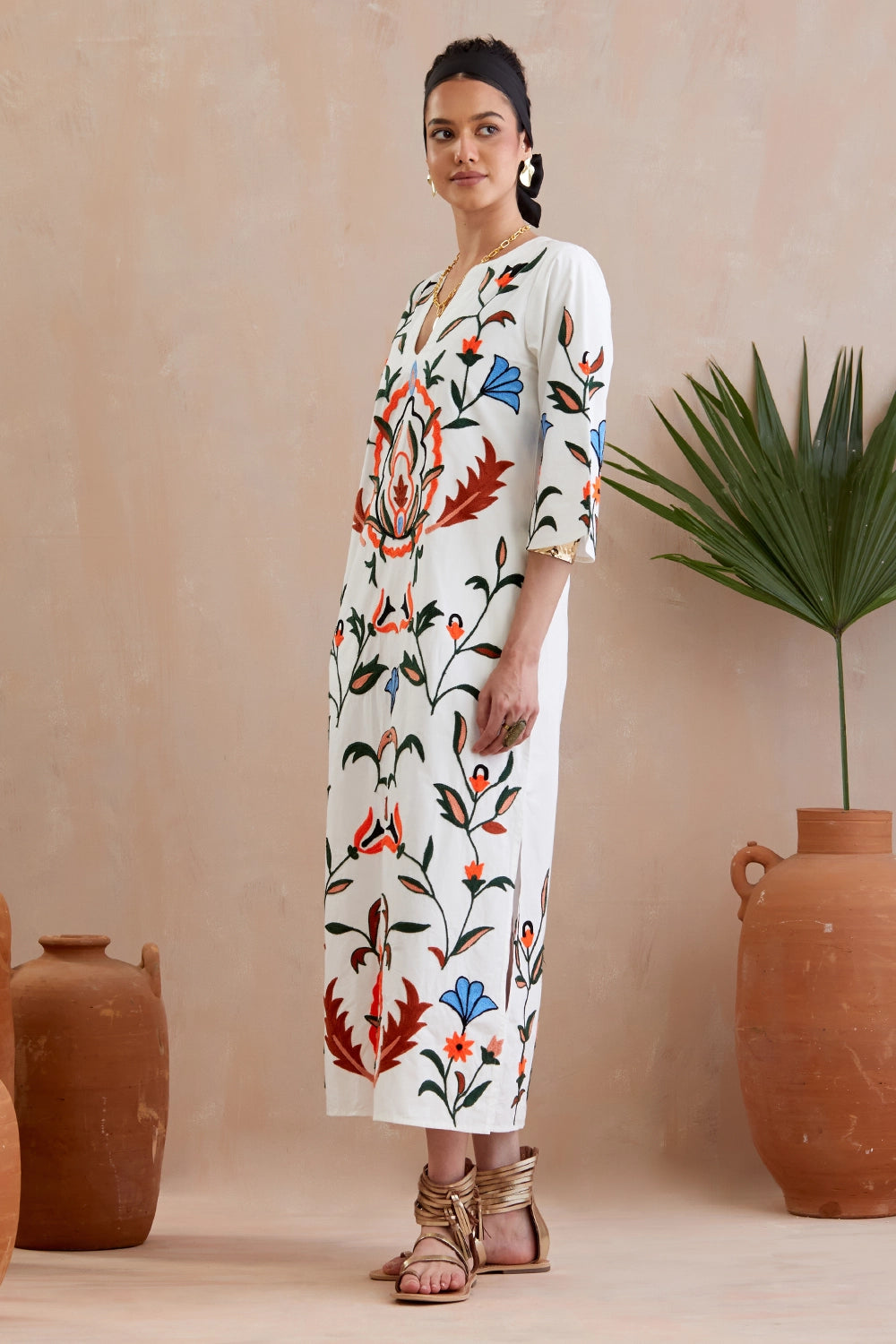 Ivory And Multi Color Embroidery Maxi Dress