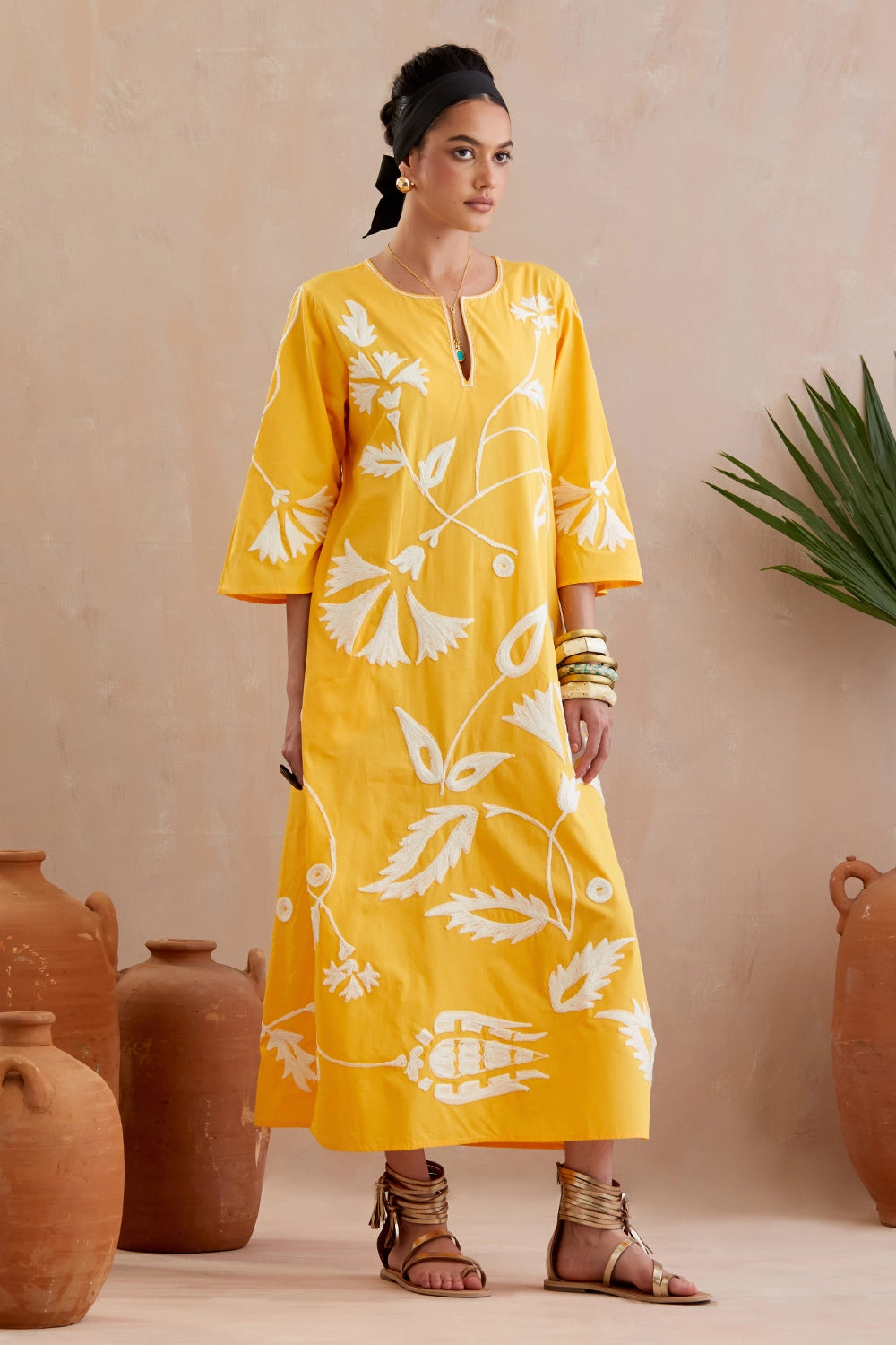 Mango Yellow And Ivory Thraed Embroidery Maxi Dress