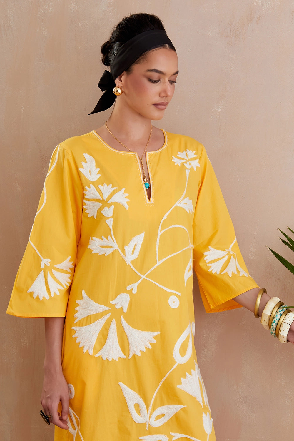 Mango Yellow And Ivory Thraed Embroidery Maxi Dress