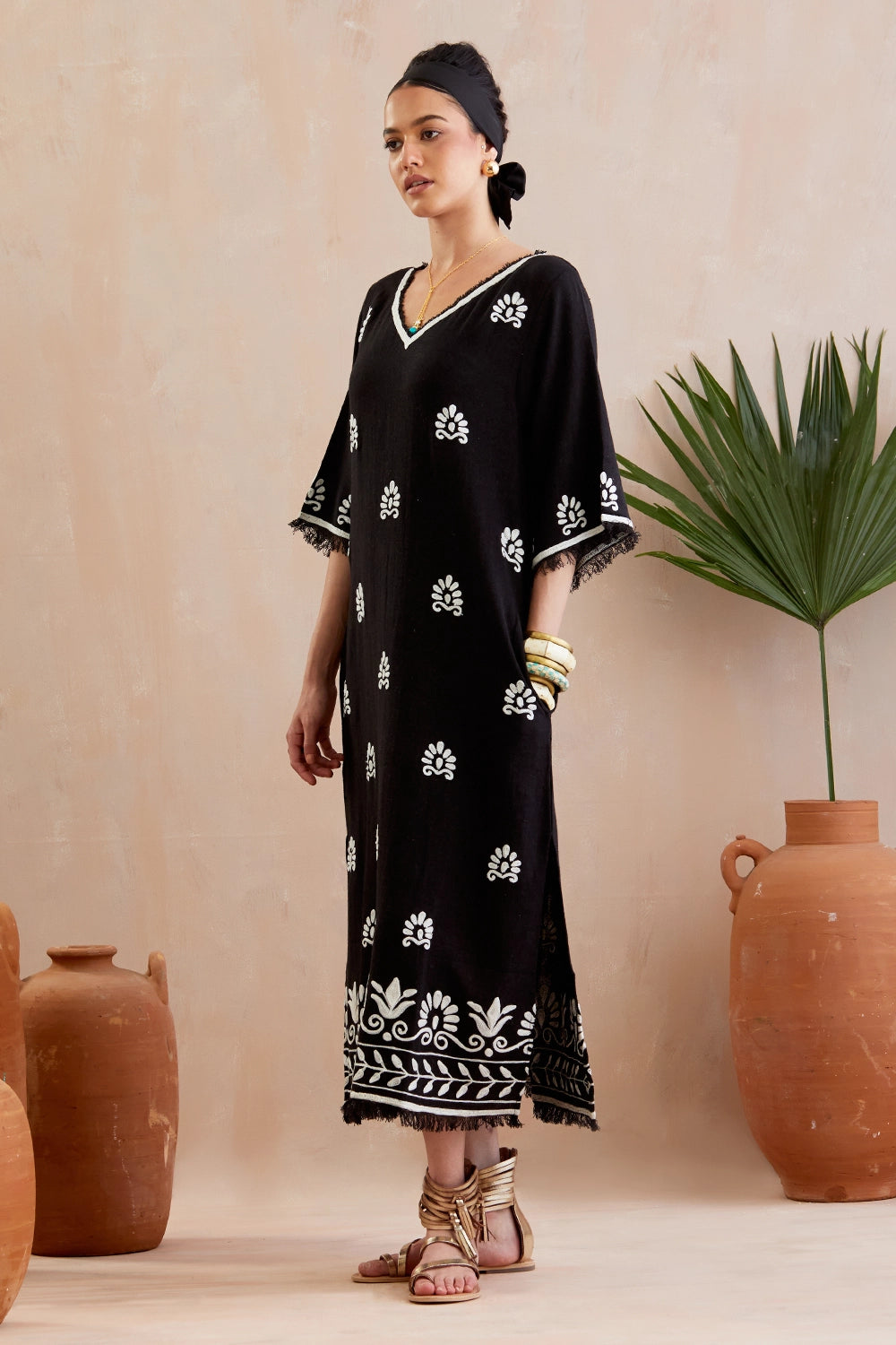 Black And Ivory Thread Embroidery Jute Maxi Dress