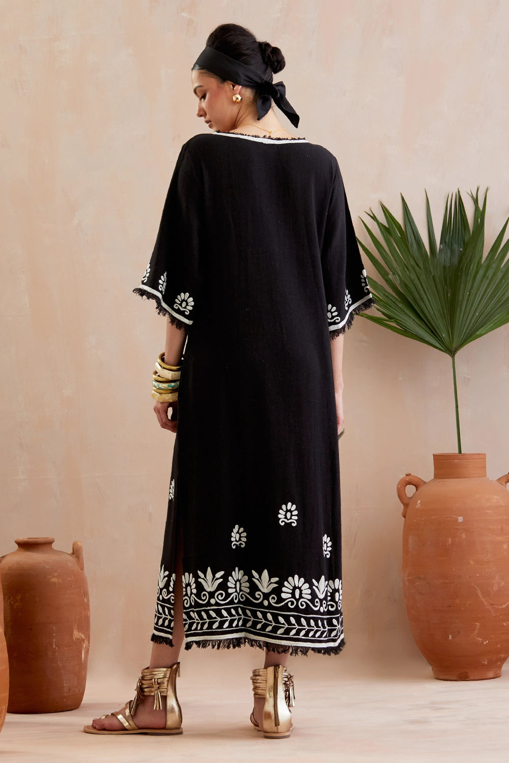 Black And Ivory Thread Embroidery Jute Maxi Dress