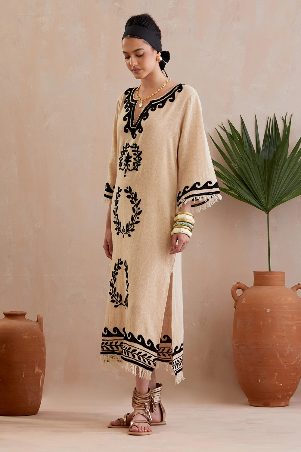 Natural And Black Thread Embroidery Jute Maxi Dress