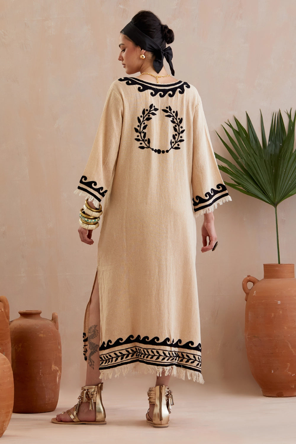 Natural And Black Thread Embroidery Jute Maxi Dress