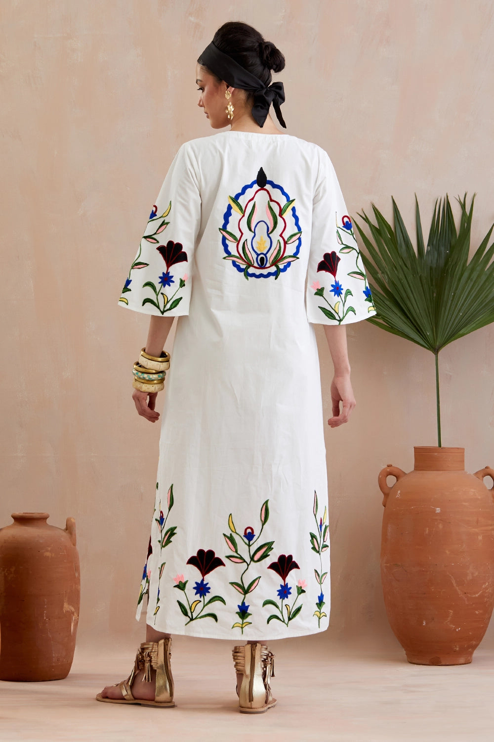 Ivory And Multi Color Thread Embroidery Maxi Dress