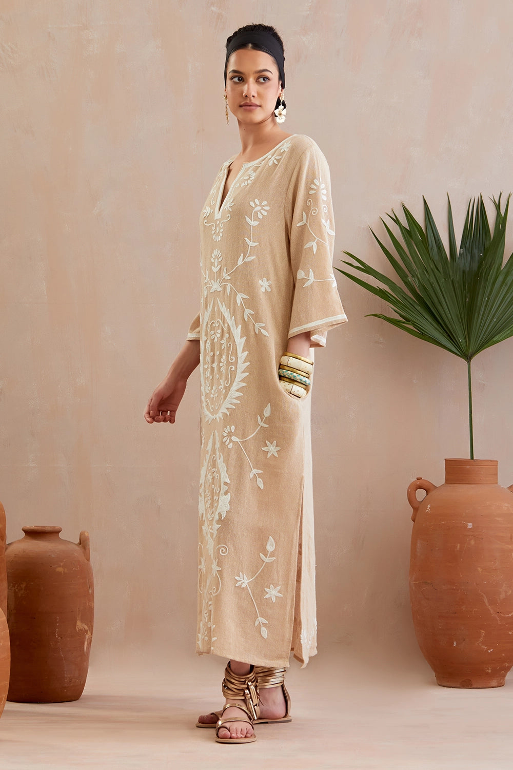 Natural And Ivory Thread Embroidery Jute Maxi Dress