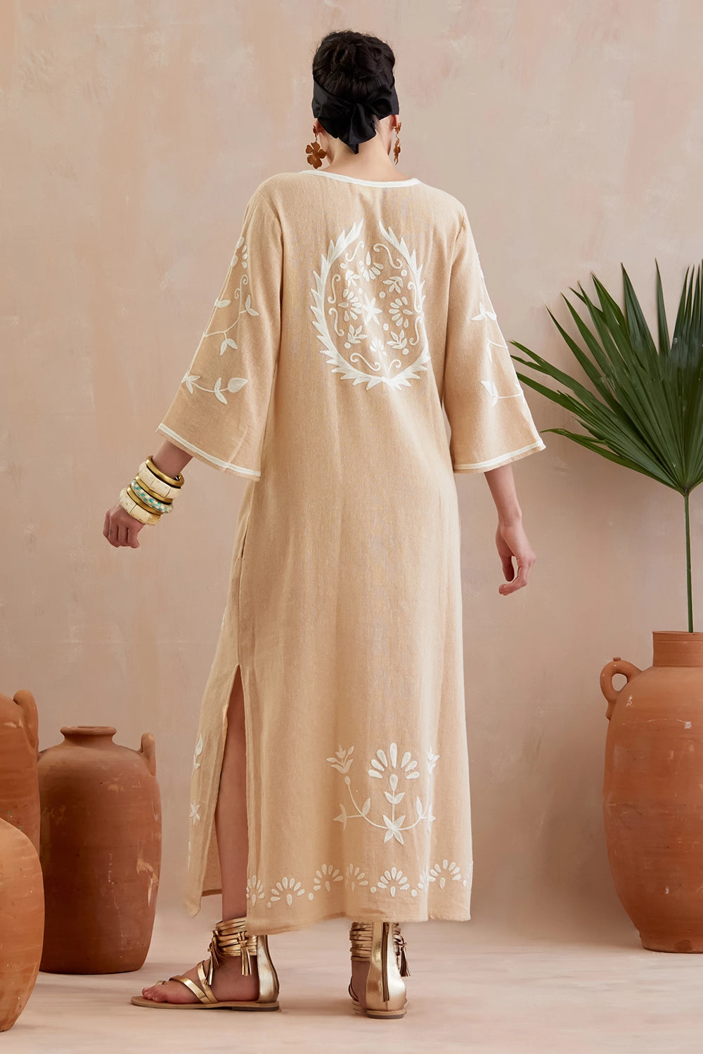 Natural And Ivory Thread Embroidery Jute Maxi Dress