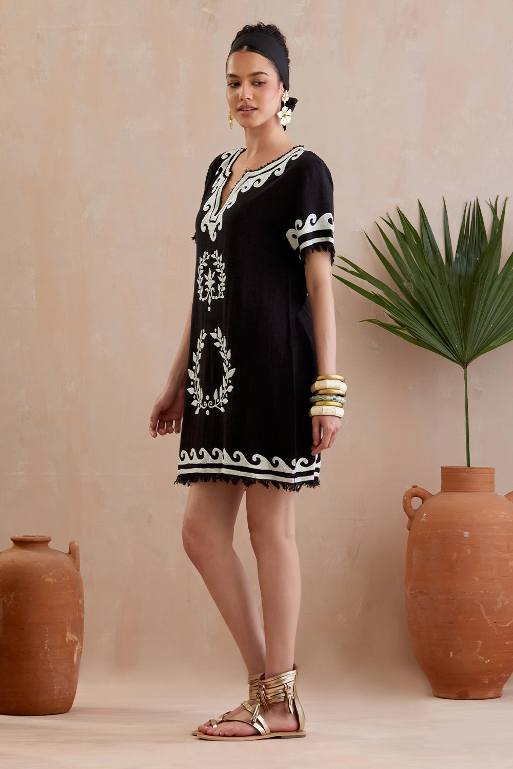 Black And Ivory Thread Embroidery Jute Mini Dress