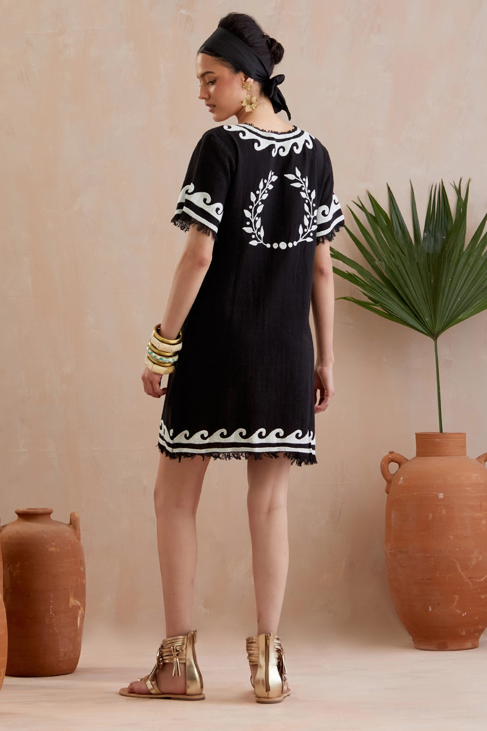 Black And Ivory Thread Embroidery Jute Mini Dress