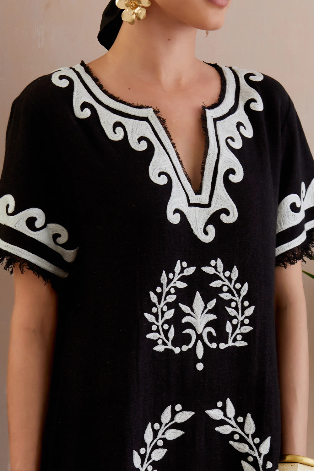 Black And Ivory Thread Embroidery Jute Mini Dress