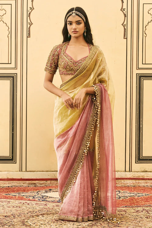 Peela-Gulabi Tissue Zardosi Saree Set