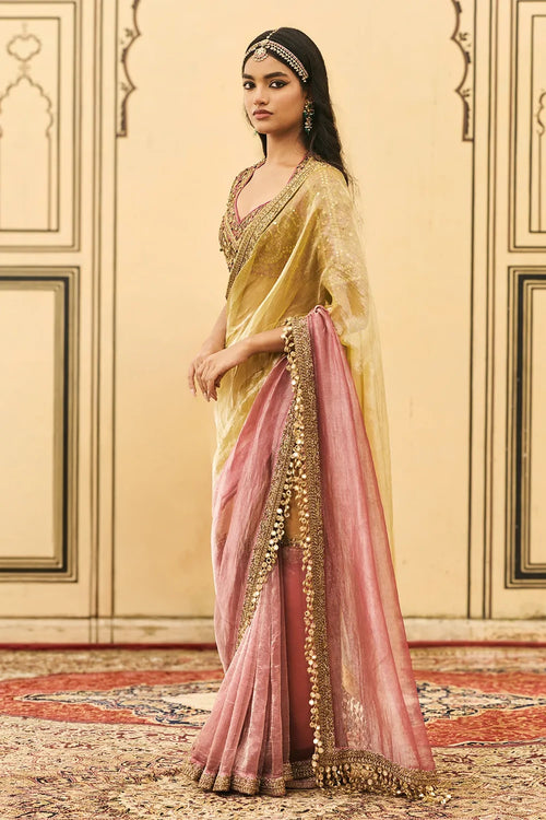 Peela-Gulabi Tissue Zardosi Saree Set
