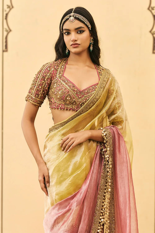 Peela-Gulabi Tissue Zardosi Saree Set