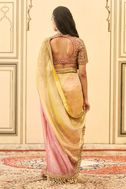 Peela-Gulabi Tissue Zardosi Saree Set