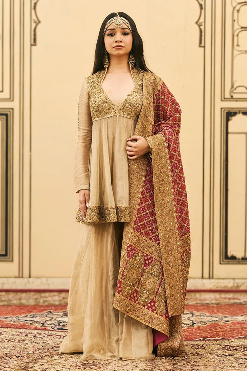 Sunhari-Gulal Tissue Bandhej Sharara Set