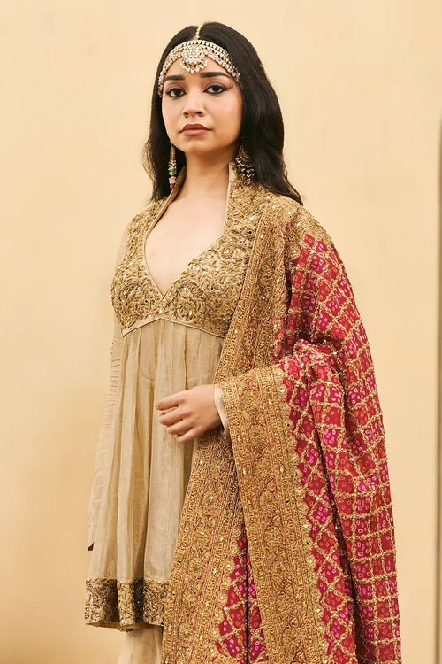 Sunhari-Gulal Tissue Bandhej Sharara Set