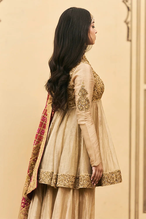 Sunhari-Gulal Tissue Bandhej Sharara Set