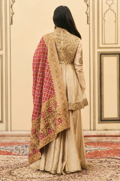 Sunhari-Gulal Tissue Bandhej Sharara Set
