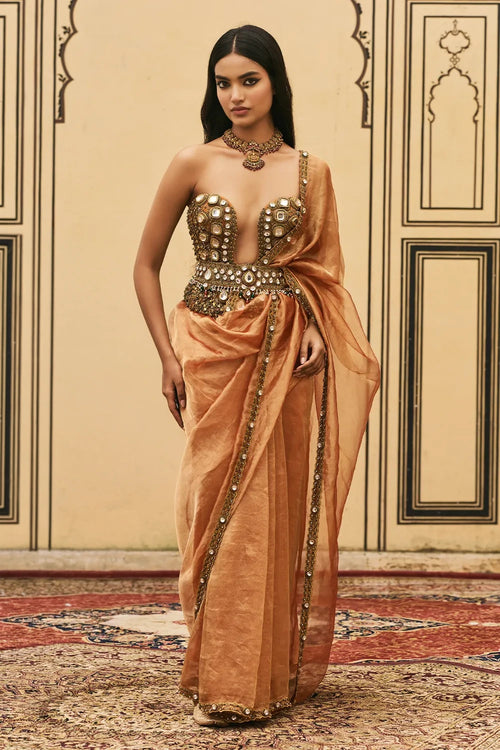 Kesariya Jadaau Corset Saree Set