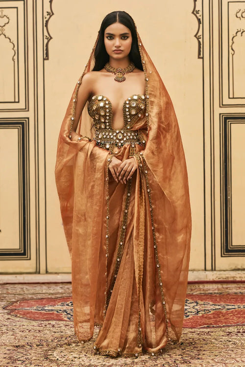 Kesariya Jadaau Corset Saree Set With Dupatta